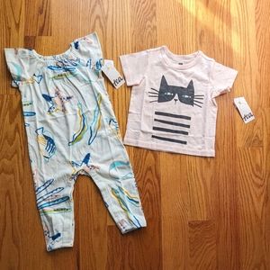 Tea Collection White Seashell Romper Pink Cat T-shirt NWT 9-12 mos